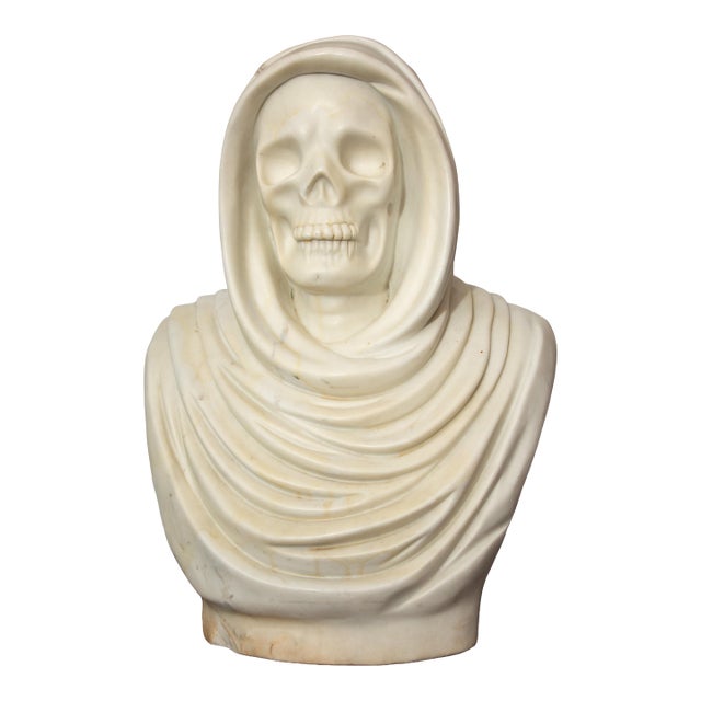 Large Hooded Memento Mori Marble Bust 22.5"H For Sale
