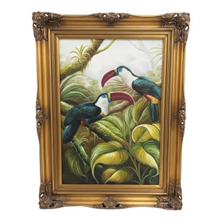 Late 20th Century Palm Beach Regency Toucans in Paradise Tropical Print Gilt Framed For Sale