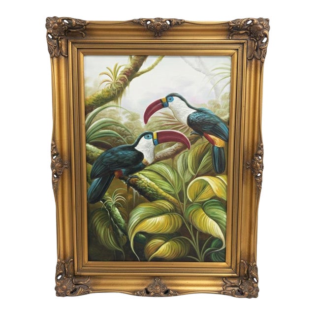 Late 20th Century Palm Beach Regency Toucans in Paradise Tropical Print Gilt Framed For Sale