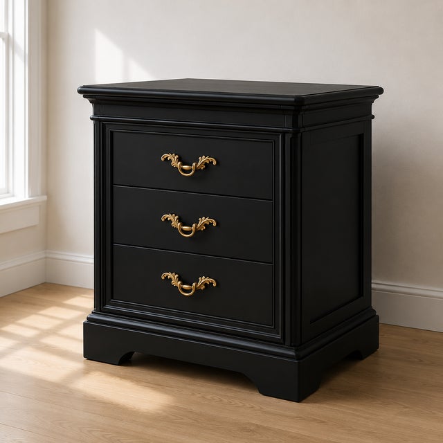 French Provincial Pair of Vintage Black Painted French Provincial 3-Drawer Nightstands With Gilded Brass Hardware For Sale - Image 3 of 8