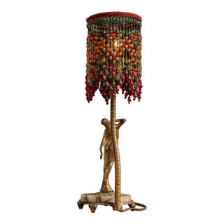1920s Art Deco Figural Boudoir Lamp With Beaded Shade by Rembrandt For Sale