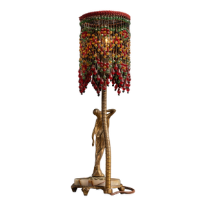 1920s Art Deco Figural Boudoir Lamp With Beaded Shade by Rembrandt