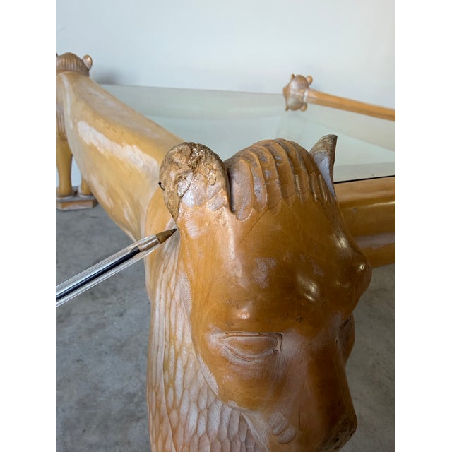 Vintage Egyptian Revival Hand-Carved Wood Lion Coffee Table With Inset Glass Top For Sale - Image 11 of 12