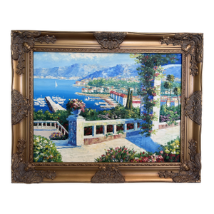 Italian Artist Burett Mediterranean Coastal Landscape Painting, Gold Frame