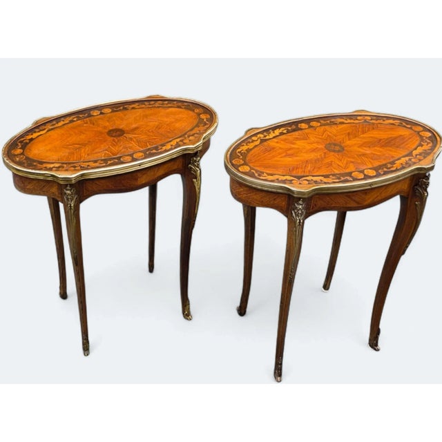 French Antique 19th Century Pair of Louis XV Style Marquetry Side Table With Gilt Bronze Accents For Sale - Image 3 of 13