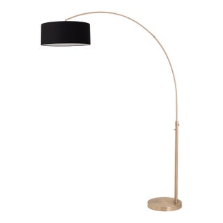 1960s 92" Mid Century Float Brass Floor Lamp Modern Arc Lamp, Black Linen Drum Shade, Dimmable For Sale