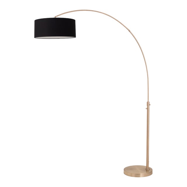 1960s 92" Mid Century Float Brass Floor Lamp Modern Arc Lamp, Black Linen Drum Shade, Dimmable For Sale