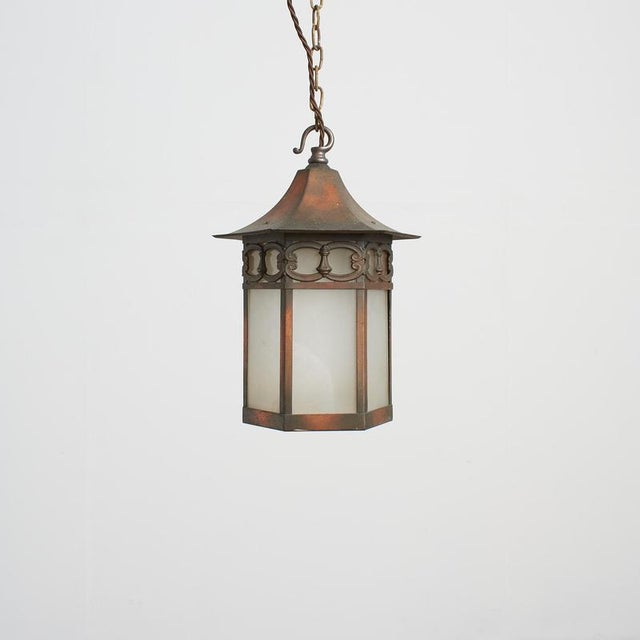 Antique Arts and Crafts Glass Hexagonal Lantern Pendant Light, 1930s For Sale - Image 3 of 8
