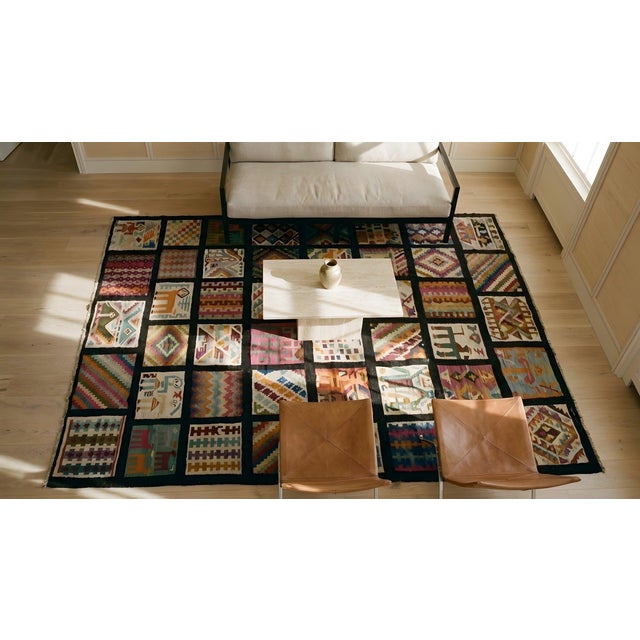1930s Geometric Folk Art Multicolor Antique Tunisian Gafsa Flatweave Rug For Sale - Image 15 of 17