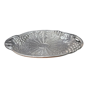 Vintage Ornate Pewter Large Serving Tray with Basket Weave Grapes Motif