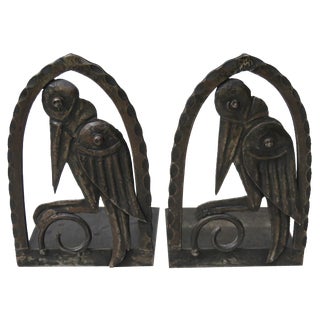Art Nouveau Wrought Iron Book Supports Marabu in the style of Edgar Brandt, 1890s, Set of 2 For Sale