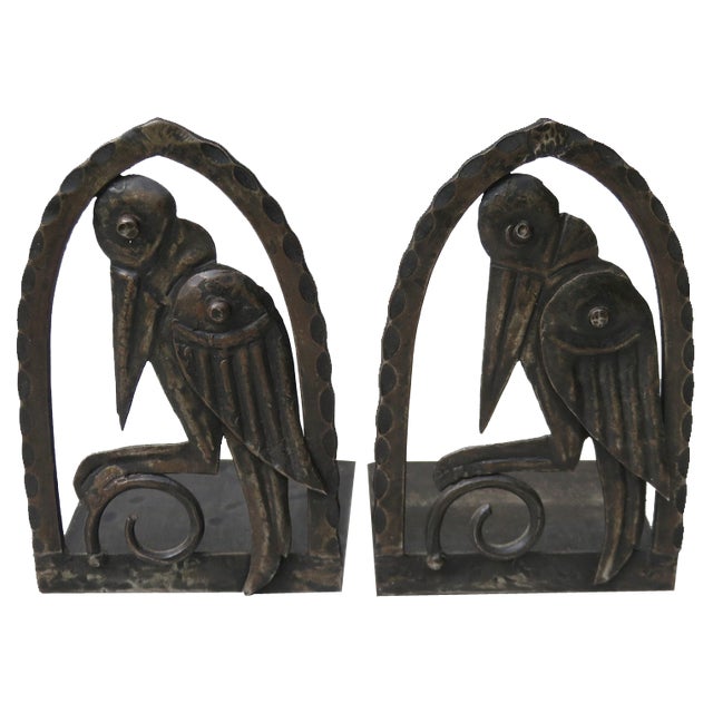 Art Nouveau Wrought Iron Book Supports Marabu in the style of Edgar Brandt, 1890s, Set of 2 For Sale