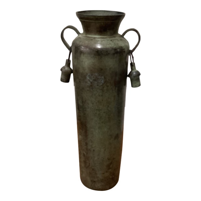 Vintage Cylindrical Metal Patinated Vase/Vessel With Unique Dangling Bell Handles For Sale