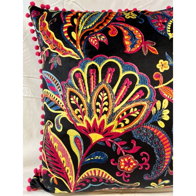 20" Square Decorative Throw Pillow With a Modern Paisley Floral Pattern in Bright Pinks, Yellows & Blues Framed by Bright Pink Pom-Poms For Sale - Image 4 of 11