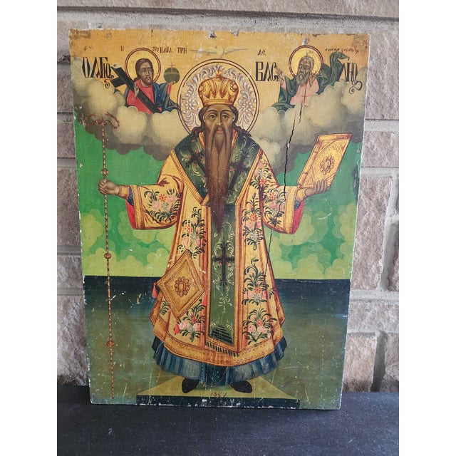 Mid 19th Century Antique Orthodox Painting of Saint Haralambos For Sale - Image 5 of 9