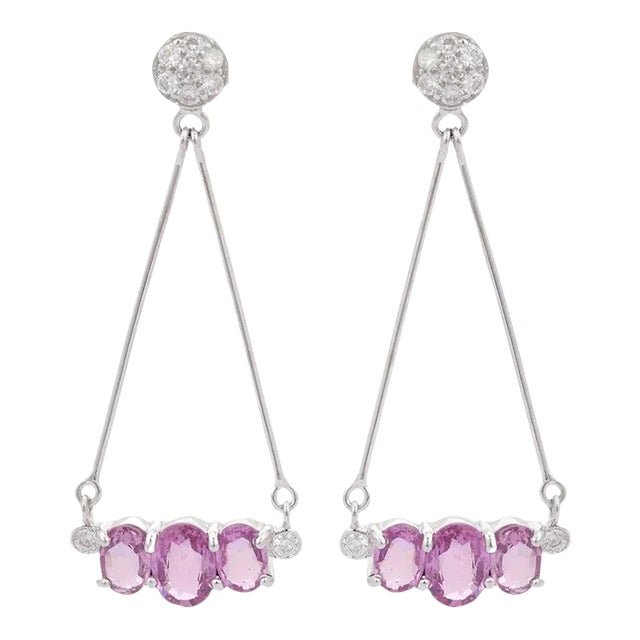 Art Deco Oval 3.48ct Natural Pink Sapphire 18k Gold Drop Earrings- A Pair For Sale