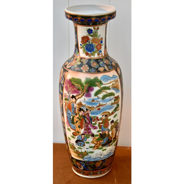 Chinese Vintage Chinese Satsuma Style Porcelain Vase Large Geisha Floral Motif 23" For Sale - Image 3 of 18