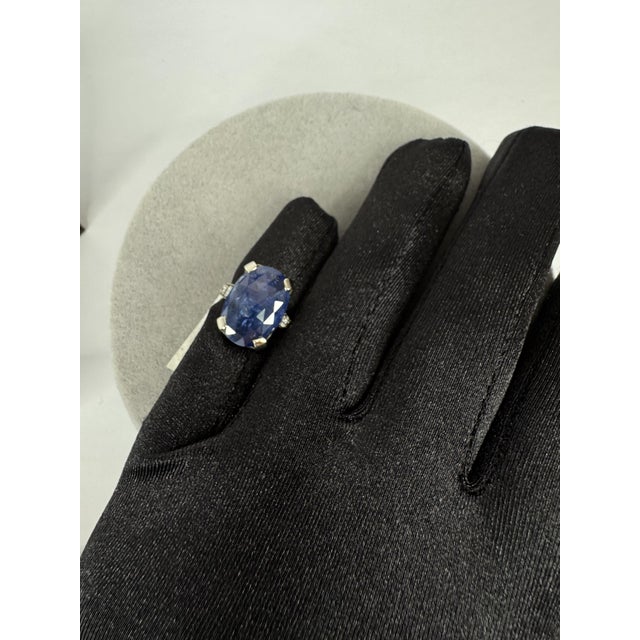 Blue 9.00 CTW Mid-Century No Heat Burmese Sapphire & Diamond 18k White Gold Ring, Size 7 For Sale - Image 8 of 8