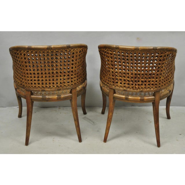 Vintage Hollywood Regency Faux Bamboo Wood & Cane Barrel Back Lounge Chair, Pair For Sale - Image 14 of 15