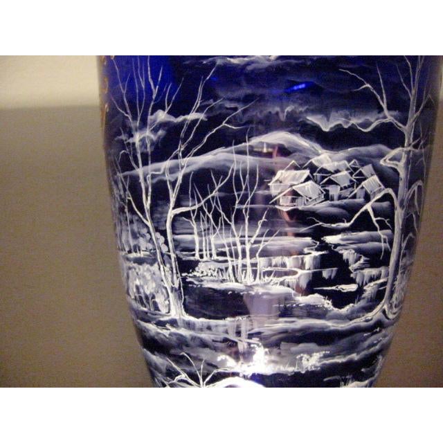 20th Century Snow Painted Cobalt Blue Glass Vase Gold Scrolled Relief Outdoor Scene For Sale - Image 9 of 9
