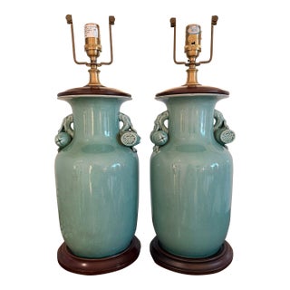 Ralph Lauren Lamps Chinese Crackled Pottery Celadon With Pomegranate Handles -a Pair For Sale