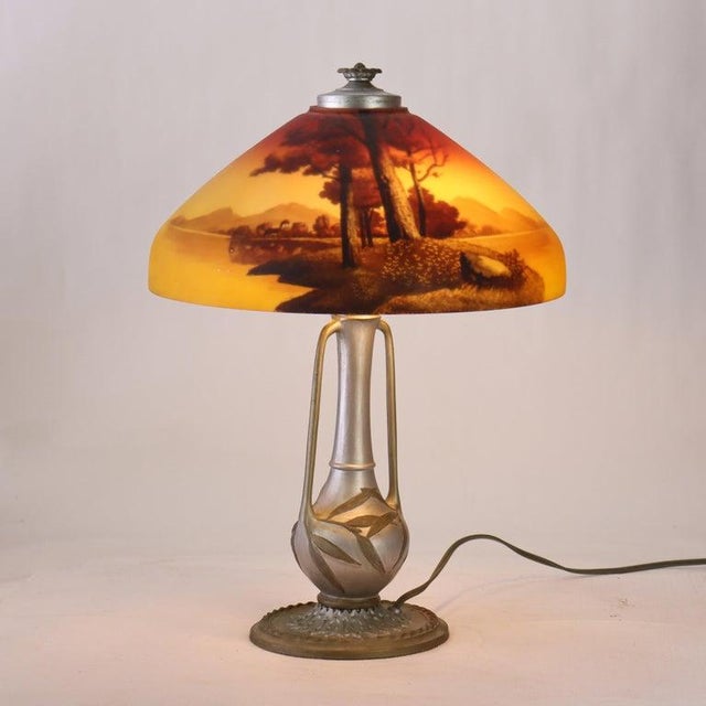 1920s Antique Phoenix Reverse Painted Table Lamp With Landscape Scene C1920 For Sale - Image 5 of 7
