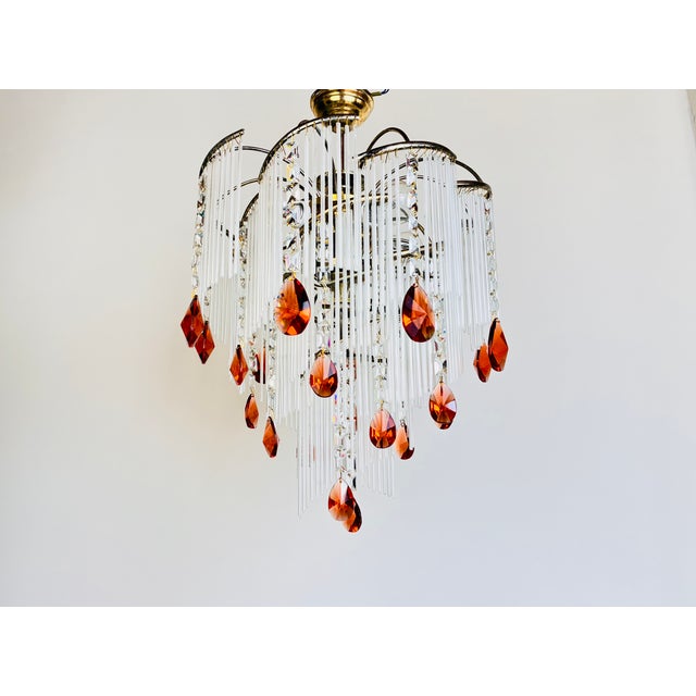 Art Deco 1980s Vintage Milk Glass Flush Mount Chandelier With Amber Crystal Drops For Sale - Image 3 of 16