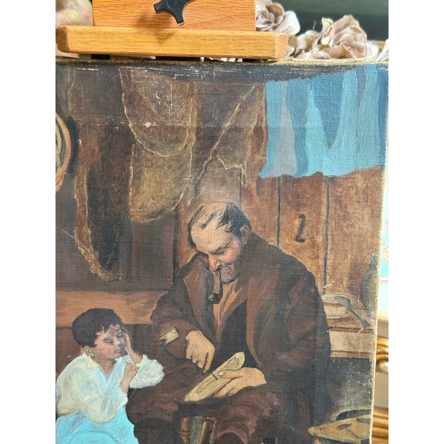 Brown Antique European Genre Oil Painting of Man and Child in Workshop - Unsigned For Sale - Image 8 of 11