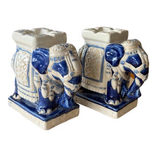 Vintage Elephant Chinoiserie Ceramic Glazed Candle Holders Pair For Sale