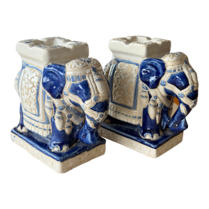 Vintage Elephant Chinoiserie Ceramic Glazed Candle Holders Pair