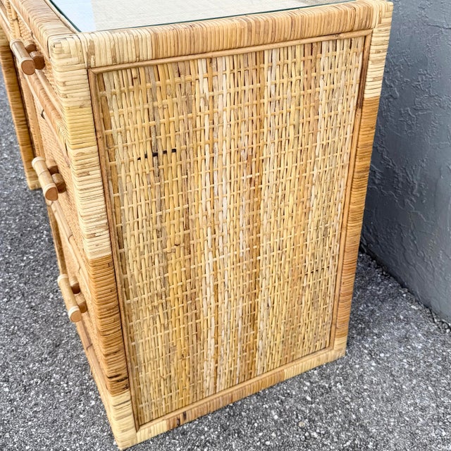 Boho Chic Wicker Inlaid Glass Top Writing Desk For Sale - Image 9 of 12