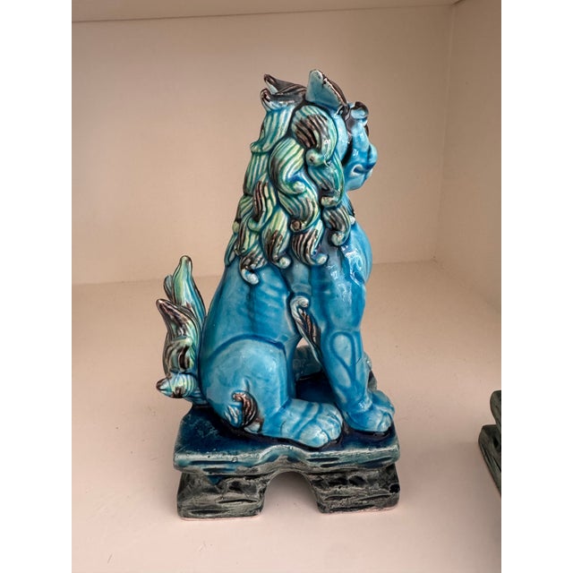 Mid 20th Century Vintage Turquoise Glazed Ceramic Japanese Foo Dogs, Made in Japan, C. 1960s - A Pair For Sale - Image 5 of 10