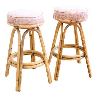 Vintage Boho Chic Rattan Bamboo Swivel Bar Stools - Set of 2 For Sale