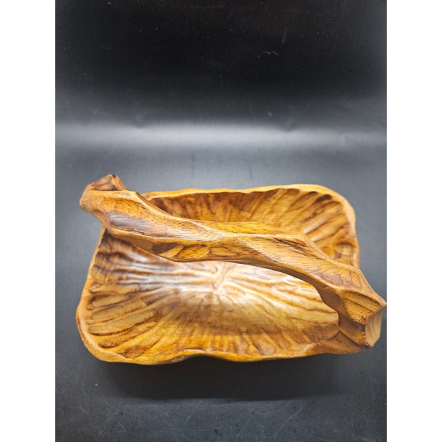 Vintage Primitive Burl Wood Basket Bowl Handled Hand Carved Rustic