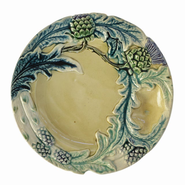 French Country Antique Asparagus & Artichoke 4 French Majolica Plate Set Barbotine Country Decor Fives Lille For Sale - Image 3 of 13