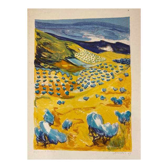 French School Watercolor Landscape Painting Signed Vermen, 1969 For Sale