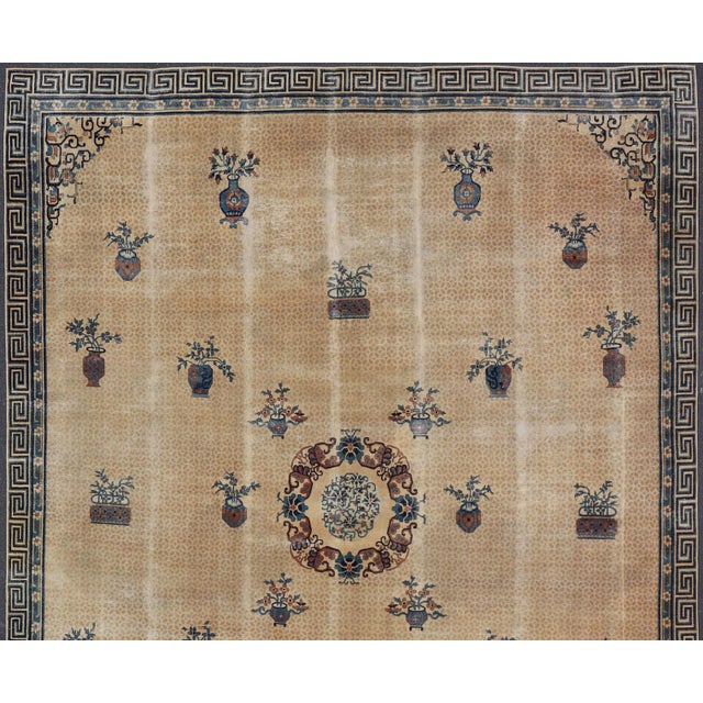 Measures: 15'0"X18'5" Antique Chinese Peking Pile Rug, Beige and Blue Floral Design 15'0"X18'5" Keivan Woven Arts/...