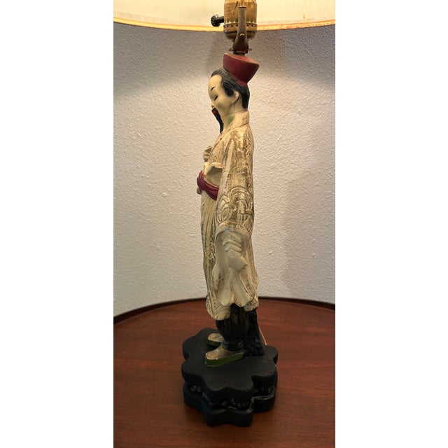 Mid Century Chinoiserie Asian Figural Warrior Chalkware Lamp 22" Tall Lamp Shade is included. I does have a water stain on...