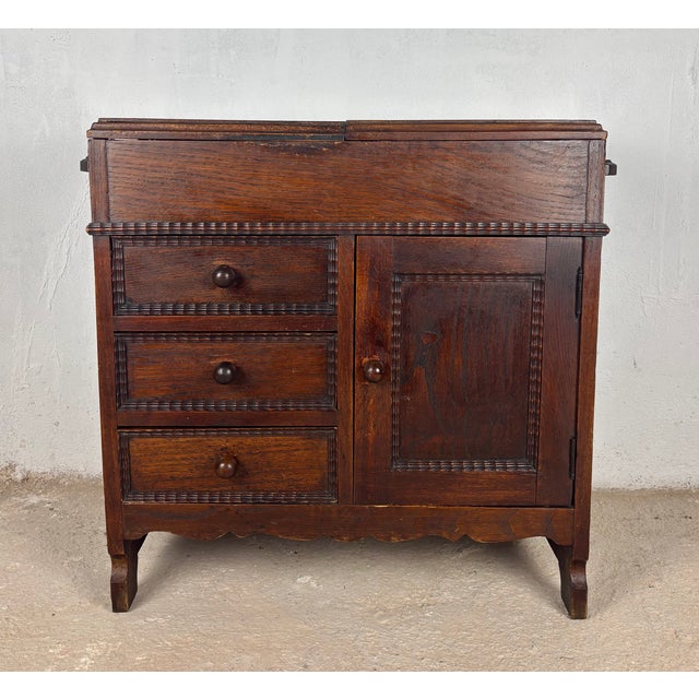 Spanish Oak Sewing Cabinet With Fabric Basket, Early 20th Century For Sale - Image 4 of 18