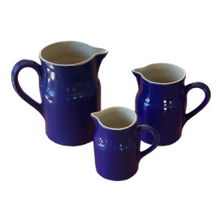 Vintage French Water Pitchers Digoin Grespots # 0, 2 , 4, Cobalt Blue Glaze Farmhouse Set of 3 For Sale