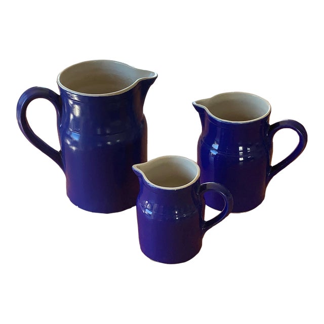 Vintage French Water Pitchers Digoin Grespots # 0, 2 , 4, Cobalt Blue Glaze Farmhouse Set of 3 For Sale