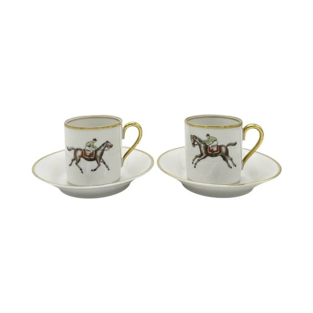 Mid 20th Century Pair Vintage Equestrian Jockey Porcelain Demitasse Cup & Saucer For Sale - Image 14 of 14