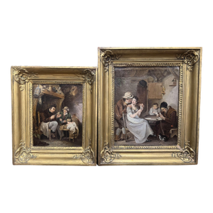 19th Century French Oil on Canvas Genre Paintings in Giltwood Frames, Set of Two