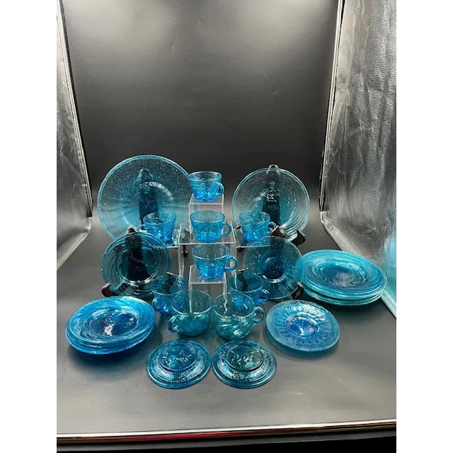 Vintage Mexican Blue Art Glass Dessert or Appetizer Set- 30 Pieces For Sale - Image 11 of 12