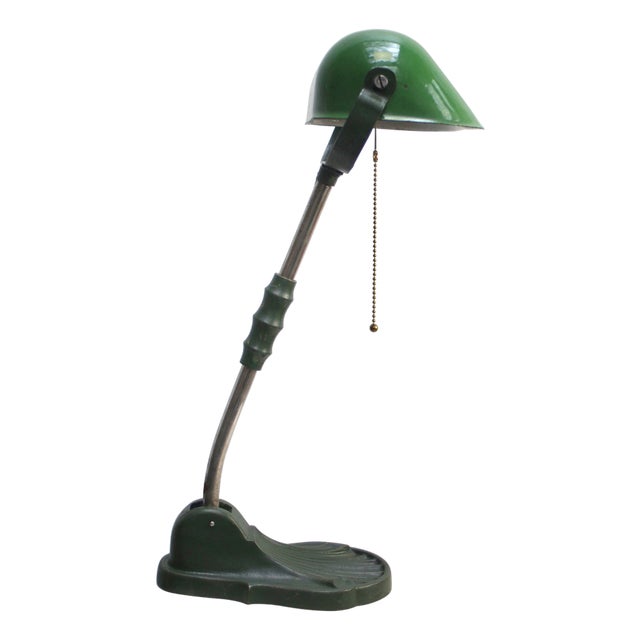 Vintage Industrial Green Enamel Banker Light For Sale