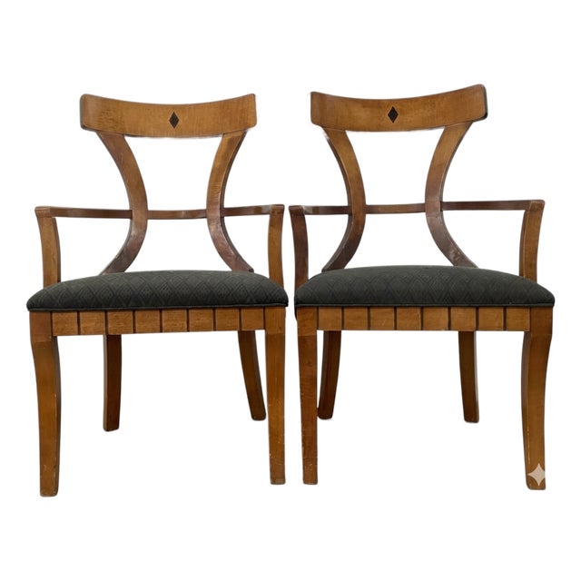 Pair of Vintage Empire Revival Walnut Armchairs With Ebony Inlay For Sale