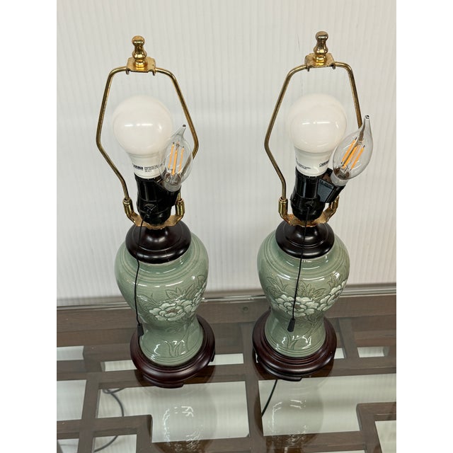 Mid 20th Century Chinese Jade Glazed Porcelain Table Lamps, Pair For Sale In San Francisco - Image 6 of 10