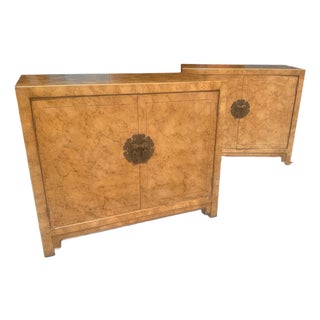 Pair of 1970s Henredon Faux Tortoise Shell Chinoiserie Cabinets With Brass Hardware For Sale