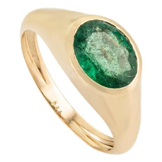 18k Gold Chunky 1.91Carat Natural Emerald Bezel Signet Ring Size 7 For Sale