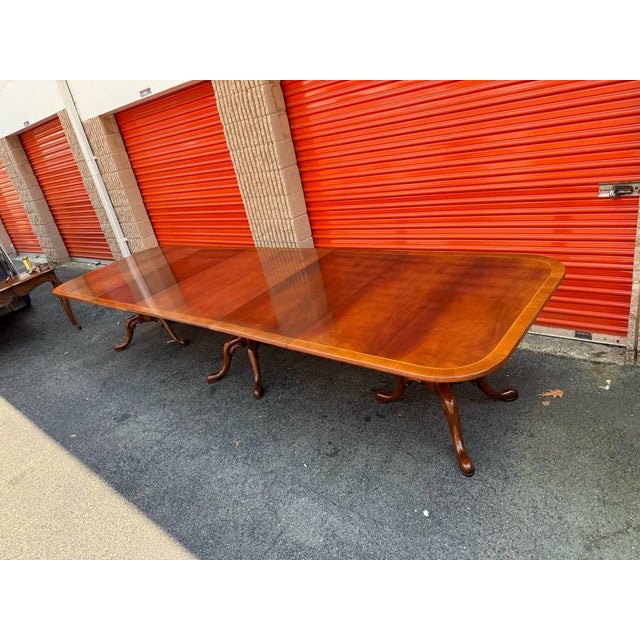English Antique Geogrian Style Three Triple Pedestal Base Inlaid Mahogany Dining Table With 2 Leaves For Sale - Image 3 of 18
